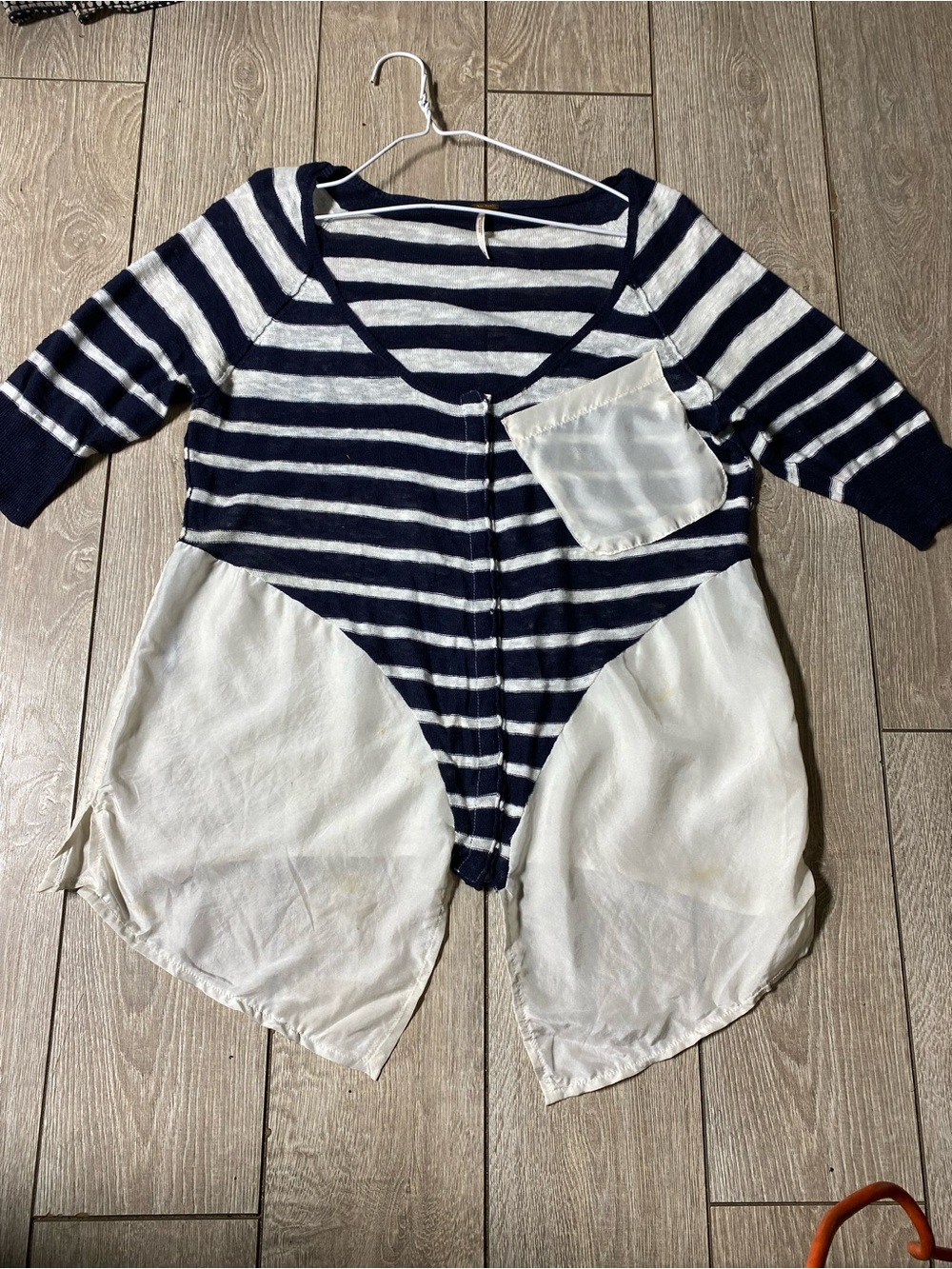 Free People Mixed Media Striped Knit Top Navy White Patchwork Shirt Size M